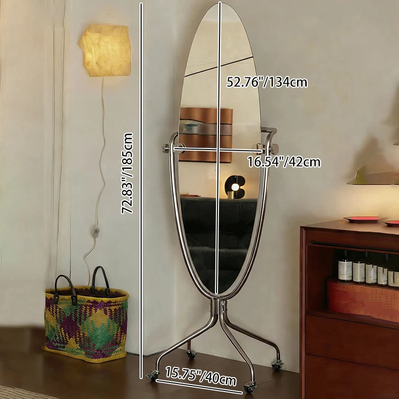 Modern Mid-Century Stainless Steel Glass Oval Full Length Floor Mirror With Rolling Swivel Coat Rack For Bedroom & Living Room