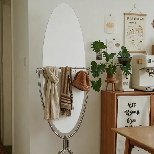 Modern Mid-Century Stainless Steel Glass Oval Full Length Floor Mirror With Rolling Swivel Coat Rack For Bedroom & Living Room
