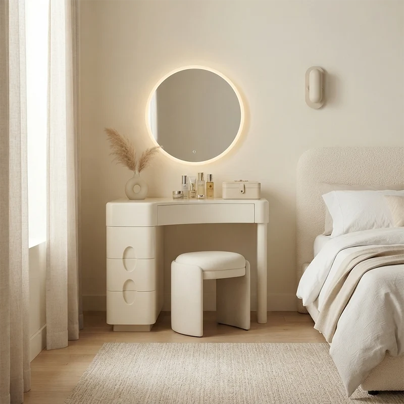Cream White L-Shaped Corner Vanity Desk: 4-Storage Drawer - Contemporary Nordic Makeup Vanity For Bedroom
