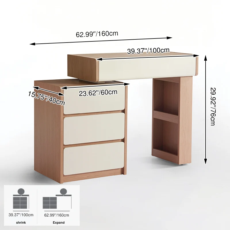Contemporary Scandinavian Makeup Vanity Desk: 4/5/8-Drawer Storage - Wood Finish Extendable Dressing Table For Bedroom