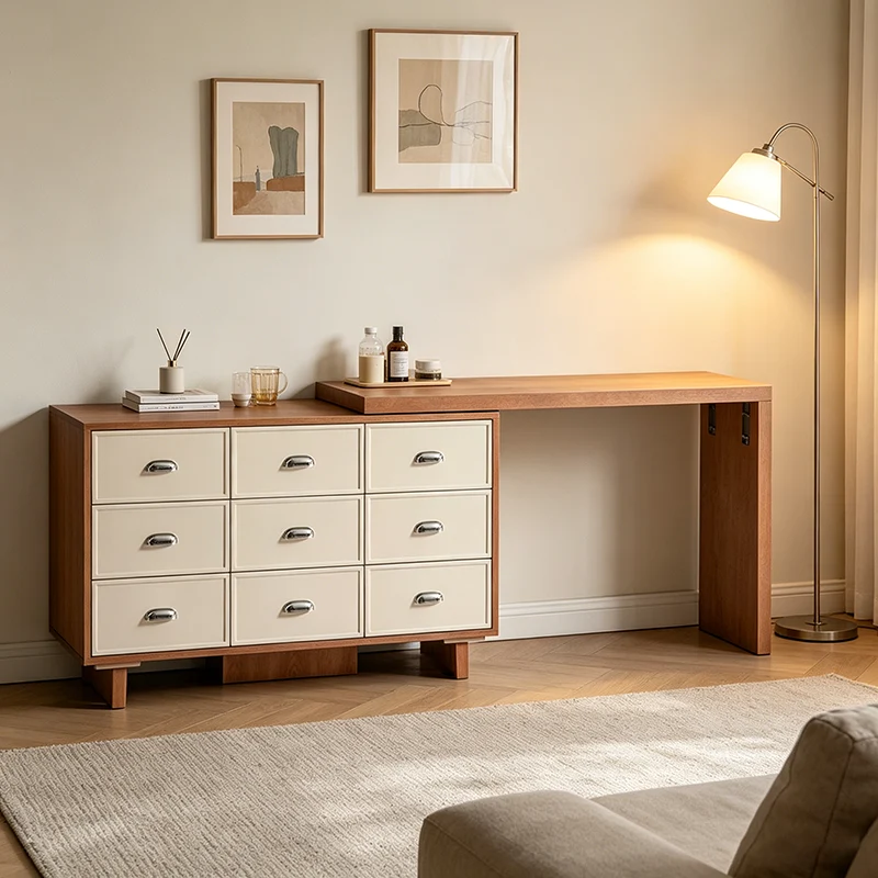 Wood Finish Large Storage Makeup Vanity Desk: 9-Drawer Storage - Contemporary Scandinavian Extendable Dressing Table For Bedroom