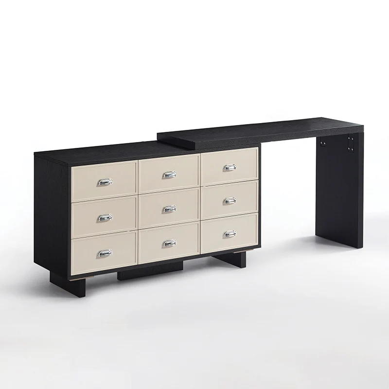 Wood Finish Large Storage Makeup Vanity Desk: 9-Drawer Storage - Contemporary Scandinavian Extendable Dressing Table For Bedroom