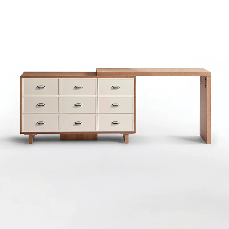 Wood Finish Large Storage Makeup Vanity Desk: 9-Drawer Storage - Contemporary Scandinavian Extendable Dressing Table For Bedroom