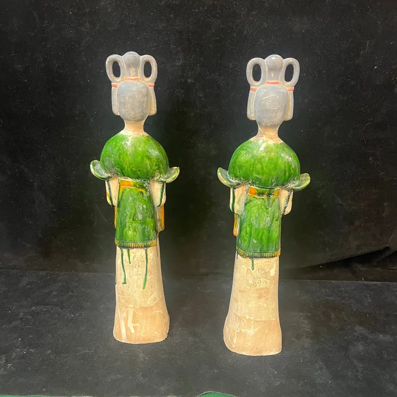 Pair of Chinese Tang style terracotta figures 'Ladies in Green'