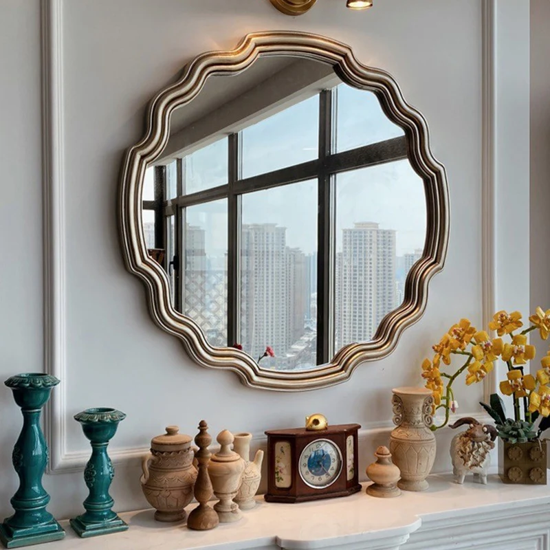 Traditional European Polyurethane Glass Round Wave-shaped Wall Mirror For Living Room & Bathroom & Bedroom
