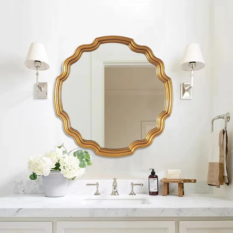 Traditional European Polyurethane Glass Round Wave-shaped Wall Mirror For Living Room & Bathroom & Bedroom
