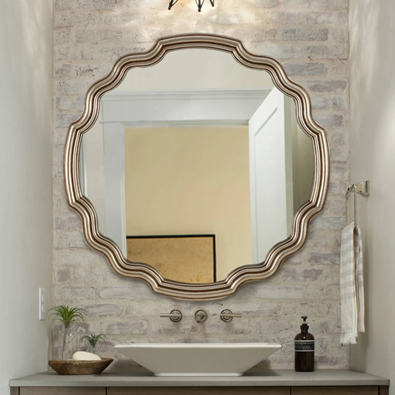 Traditional European Polyurethane Glass Round Wave-shaped Wall Mirror For Living Room & Bathroom & Bedroom