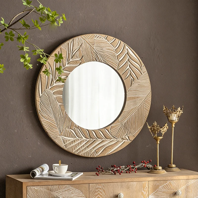 Contemporary Coastal Pine Wood Glass Round Wall Mirror For Living Room