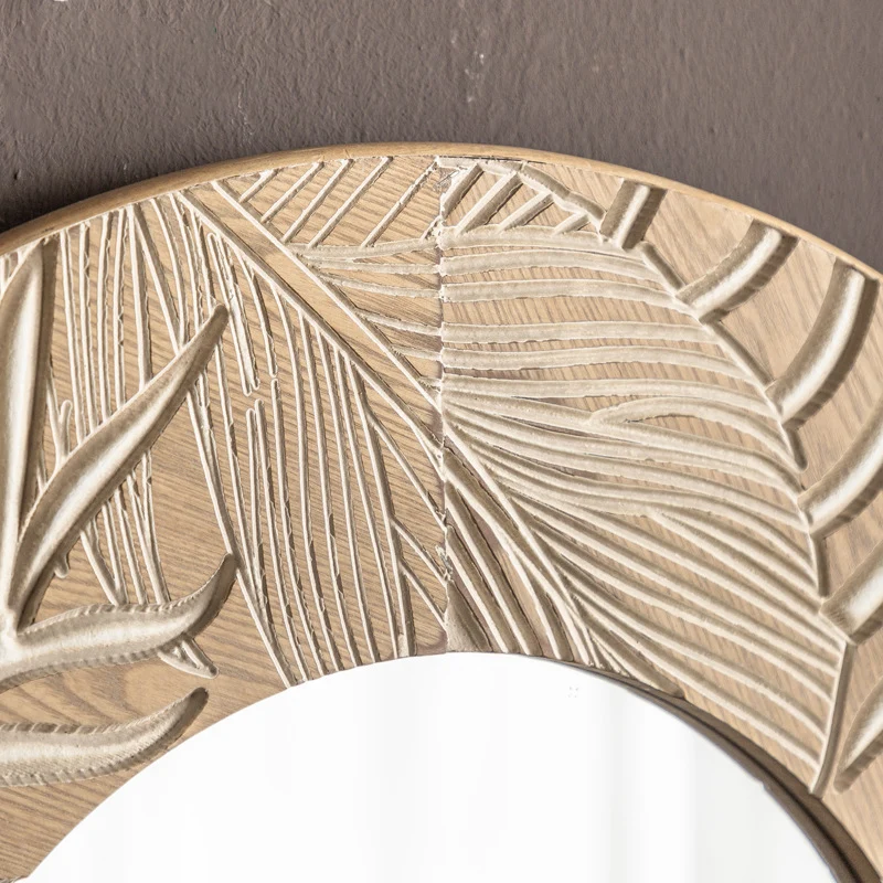 Contemporary Coastal Pine Wood Glass Round Wall Mirror For Living Room