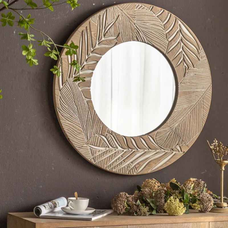 Contemporary Coastal Pine Wood Glass Round Wall Mirror For Living Room