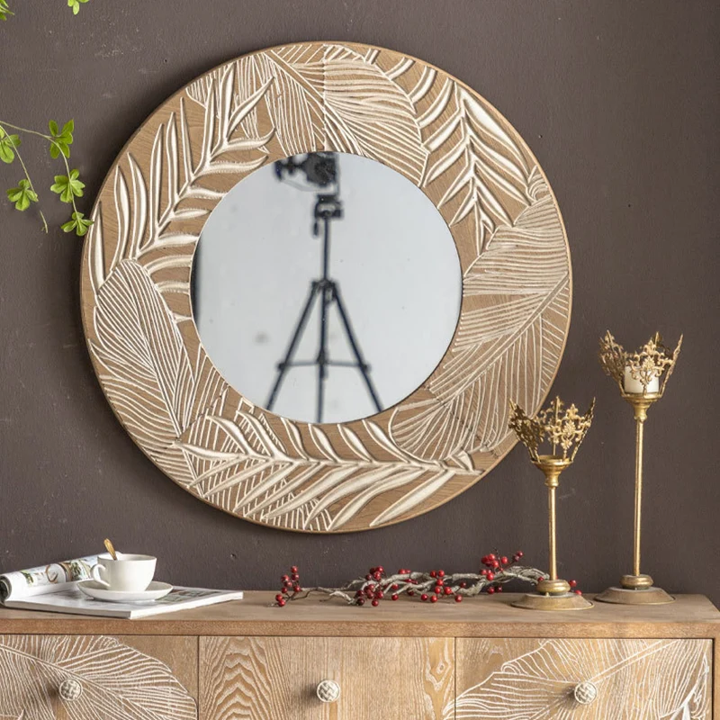 Contemporary Coastal Pine Wood Glass Round Wall Mirror For Living Room