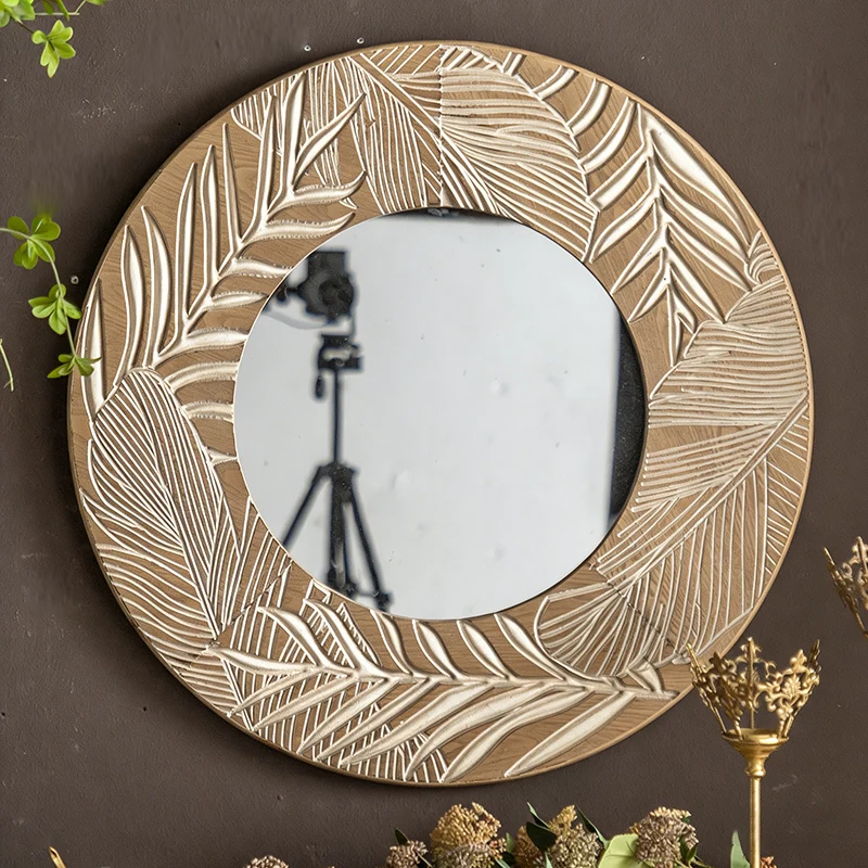 Contemporary Coastal Pine Wood Glass Round Wall Mirror For Living Room