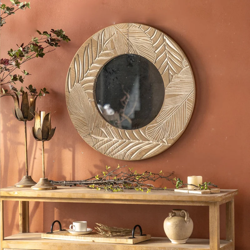 Contemporary Coastal Pine Wood Glass Round Wall Mirror For Living Room