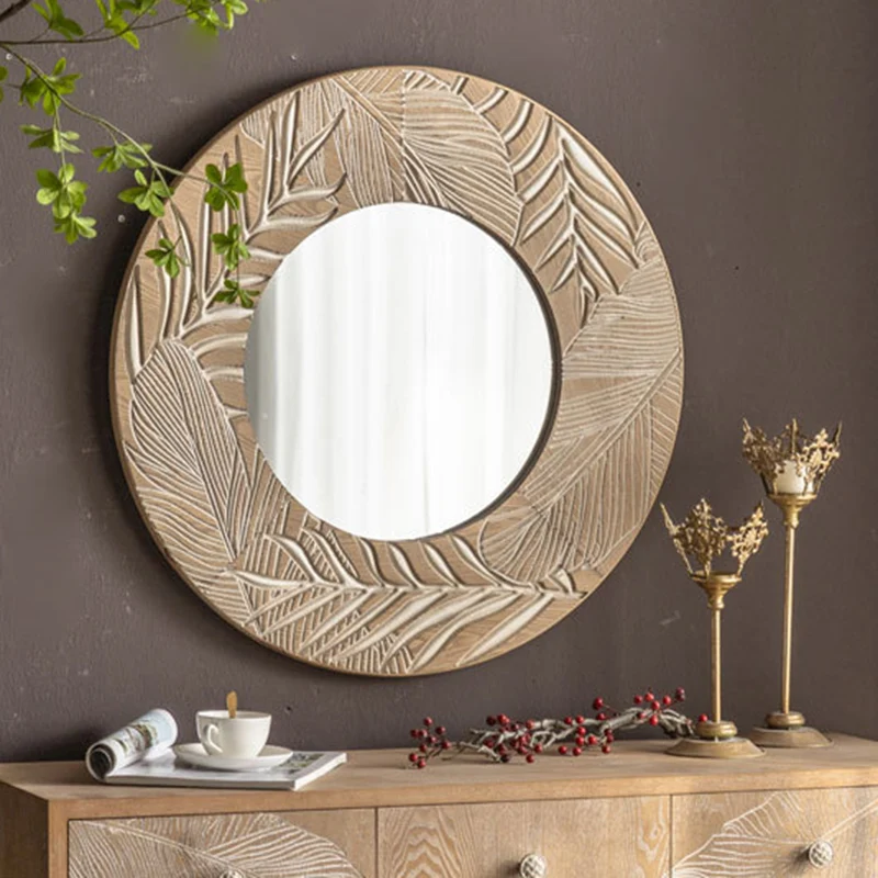 Contemporary Coastal Pine Wood Glass Round Wall Mirror For Living Room
