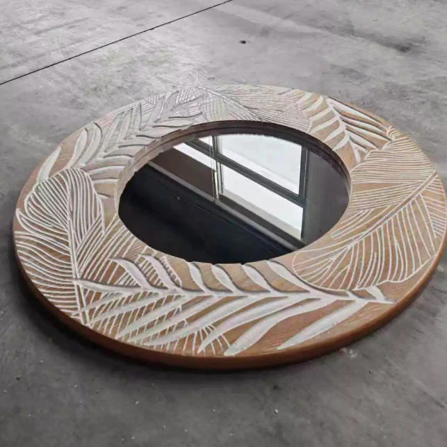 Contemporary Coastal Pine Wood Glass Round Wall Mirror For Living Room