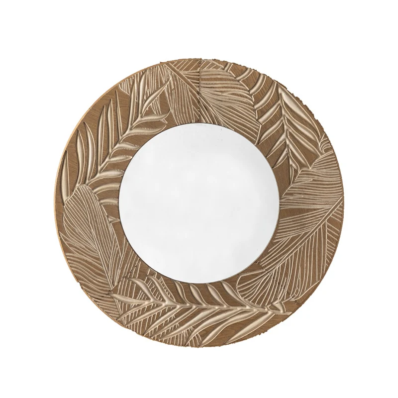 Contemporary Coastal Pine Wood Glass Round Wall Mirror For Living Room