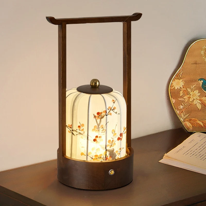 Traditional Chinese Fabric Oak Wood Cylindrical Plum Blossom Bamboo Leaves Persimmon USB Charging LED Table Lamp For Living Room & Bedroom