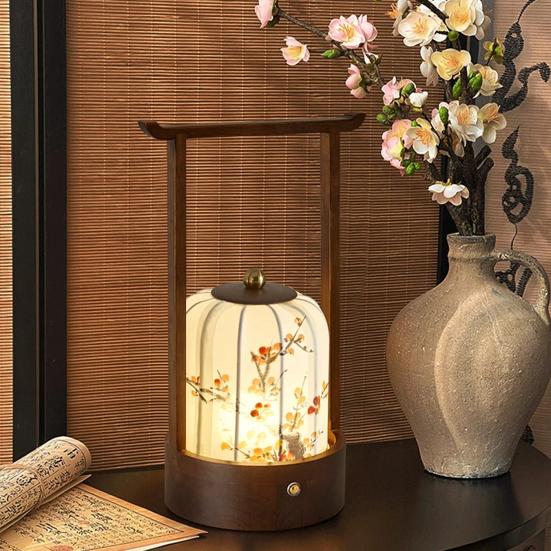 Traditional Chinese Fabric Oak Wood Cylindrical Plum Blossom Bamboo Leaves Persimmon USB Charging LED Table Lamp For Living Room & Bedroom