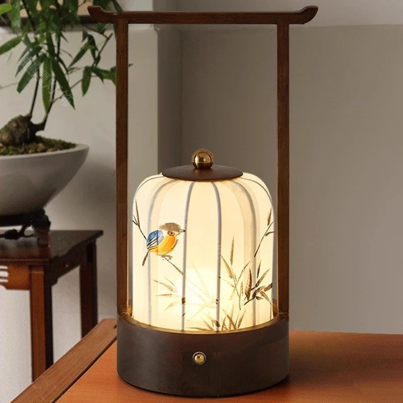 Traditional Chinese Fabric Oak Wood Cylindrical Plum Blossom Bamboo Leaves Persimmon USB Charging LED Table Lamp For Living Room & Bedroom