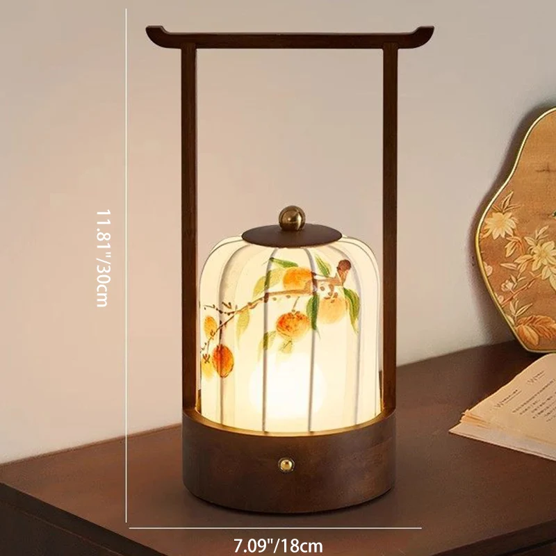Traditional Chinese Fabric Oak Wood Cylindrical Plum Blossom Bamboo Leaves Persimmon USB Charging LED Table Lamp For Living Room & Bedroom