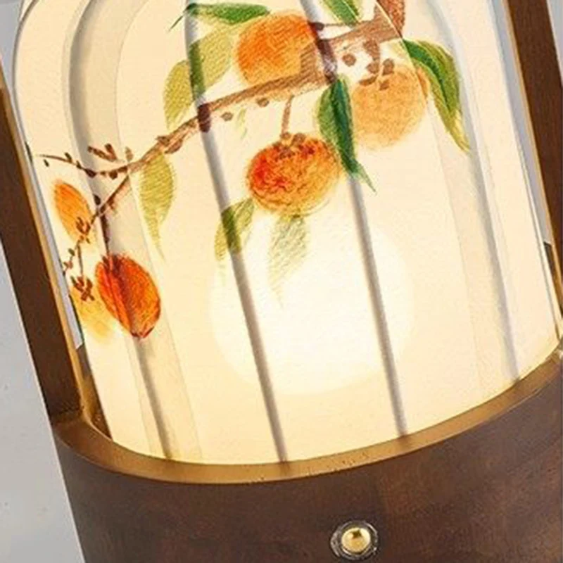 Traditional Chinese Fabric Oak Wood Cylindrical Plum Blossom Bamboo Leaves Persimmon USB Charging LED Table Lamp For Living Room & Bedroom