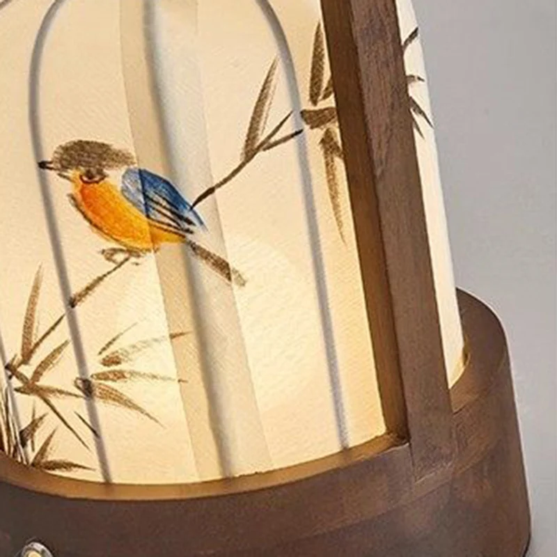 Traditional Chinese Fabric Oak Wood Cylindrical Plum Blossom Bamboo Leaves Persimmon USB Charging LED Table Lamp For Living Room & Bedroom