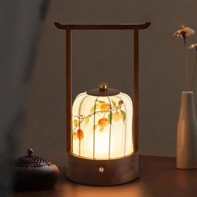 Traditional Chinese Fabric Oak Wood Cylindrical Plum Blossom Bamboo Leaves Persimmon USB Charging LED Table Lamp For Living Room & Bedroom