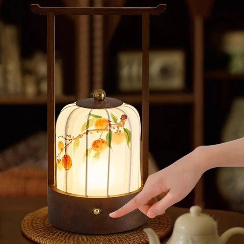 Traditional Chinese Fabric Oak Wood Cylindrical Plum Blossom Bamboo Leaves Persimmon USB Charging LED Table Lamp For Living Room & Bedroom