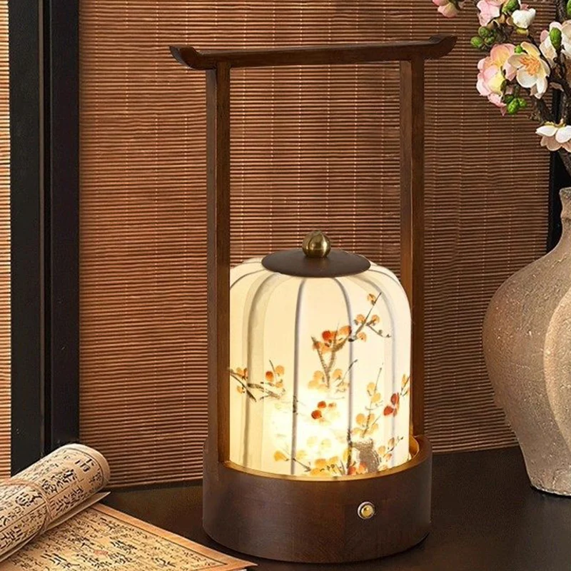 Traditional Chinese Fabric Oak Wood Cylindrical Plum Blossom Bamboo Leaves Persimmon USB Charging LED Table Lamp For Living Room & Bedroom