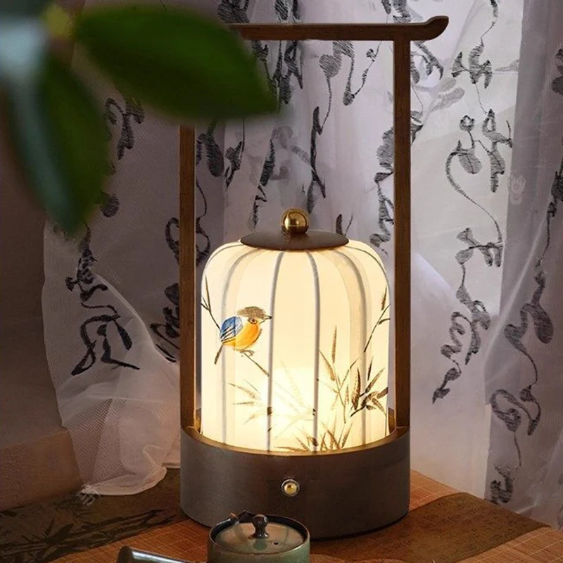 Traditional Chinese Fabric Oak Wood Cylindrical Plum Blossom Bamboo Leaves Persimmon USB Charging LED Table Lamp For Living Room & Bedroom