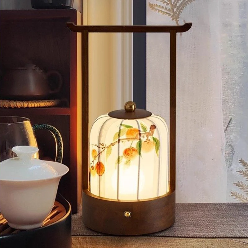 Traditional Chinese Fabric Oak Wood Cylindrical Plum Blossom Bamboo Leaves Persimmon USB Charging LED Table Lamp For Living Room & Bedroom