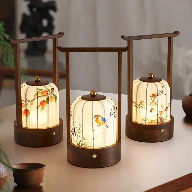 Traditional Chinese Fabric Oak Wood Cylindrical Plum Blossom Bamboo Leaves Persimmon USB Charging LED Table Lamp For Living Room & Bedroom