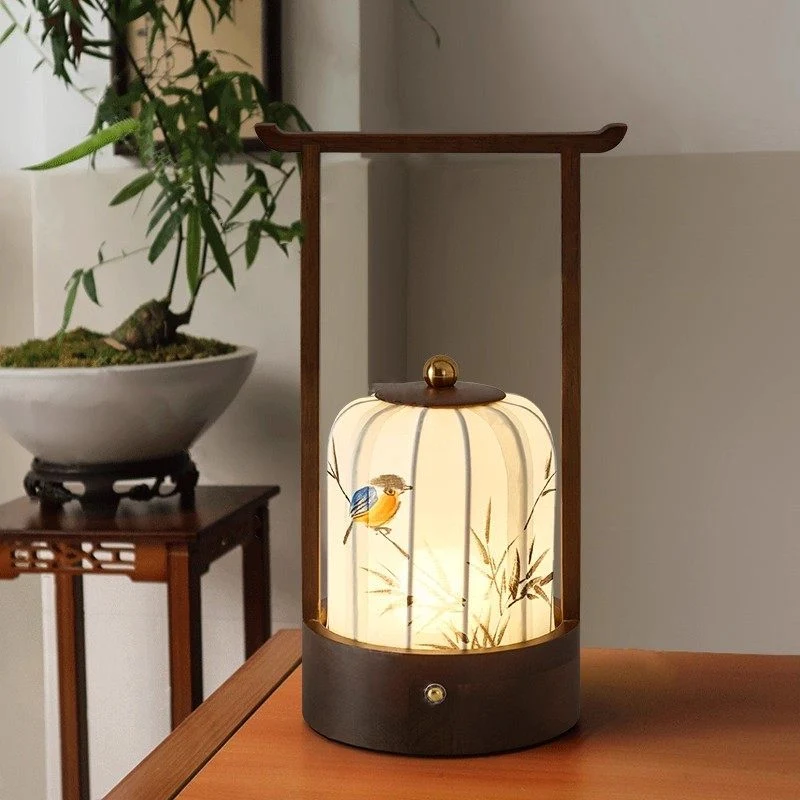 Traditional Chinese Fabric Oak Wood Cylindrical Plum Blossom Bamboo Leaves Persimmon USB Charging LED Table Lamp For Living Room & Bedroom