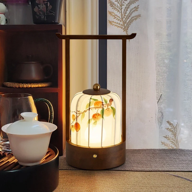 Traditional Chinese Fabric Oak Wood Cylindrical Plum Blossom Bamboo Leaves Persimmon USB Charging LED Table Lamp For Living Room & Bedroom