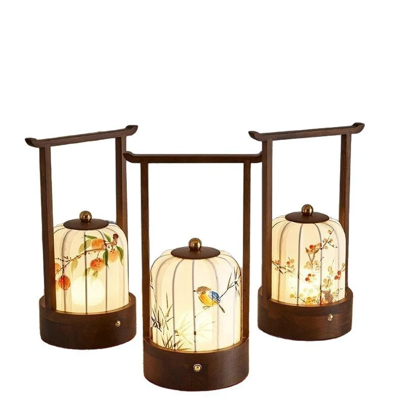 Traditional Chinese Fabric Oak Wood Cylindrical Plum Blossom Bamboo Leaves Persimmon USB Charging LED Table Lamp For Living Room & Bedroom