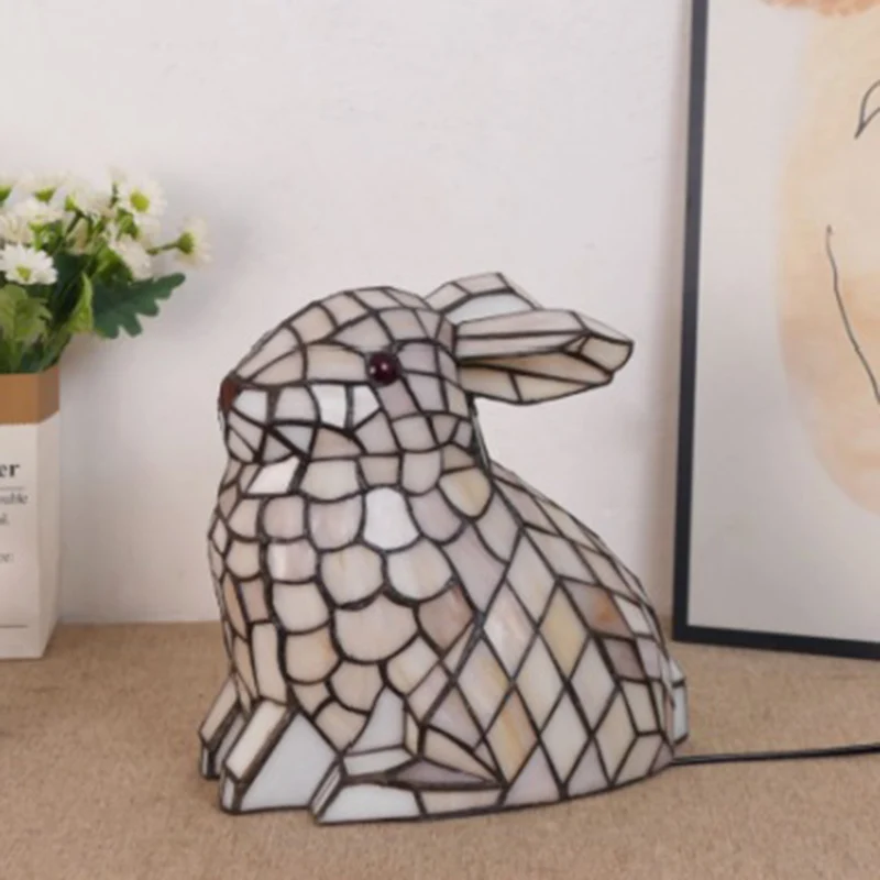 Traditional Tiffany Glass Iron Rabbit Bear Kids 1-Light Table Lamp For Living Room & Bedroom