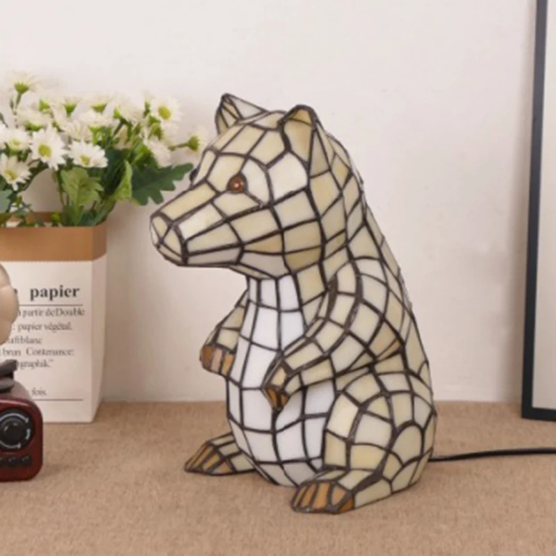 Traditional Tiffany Glass Iron Rabbit Bear Kids 1-Light Table Lamp For Living Room & Bedroom