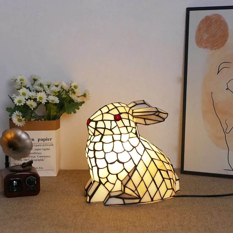 Traditional Tiffany Glass Iron Rabbit Bear Kids 1-Light Table Lamp For Living Room & Bedroom