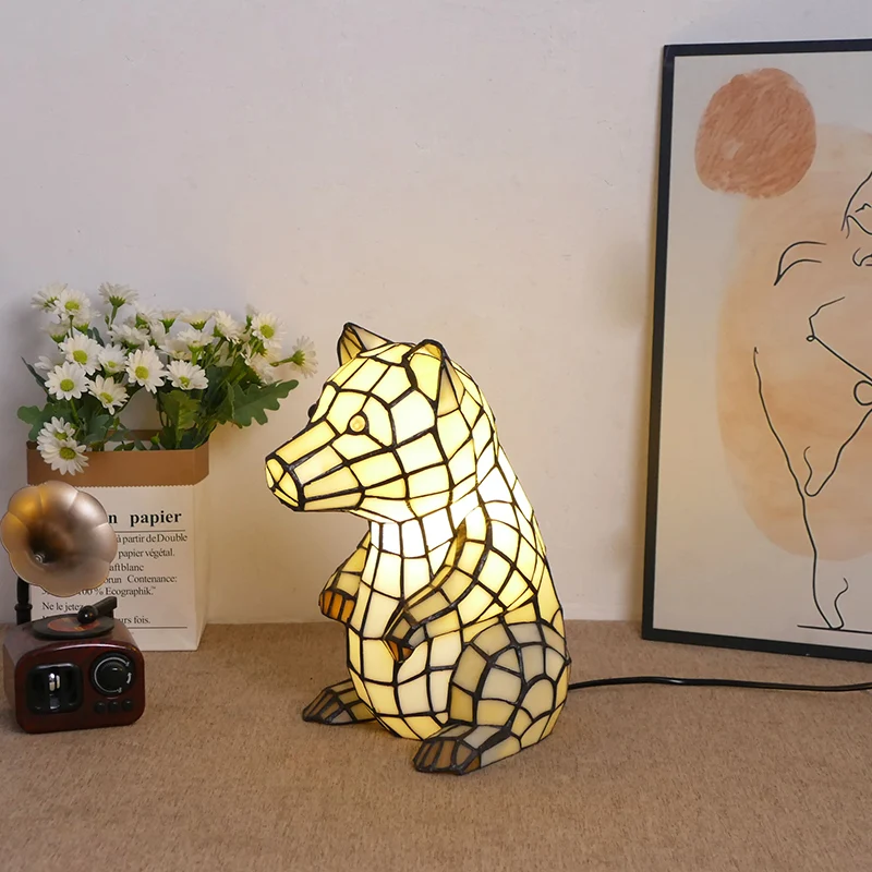 Traditional Tiffany Glass Iron Rabbit Bear Kids 1-Light Table Lamp For Living Room & Bedroom
