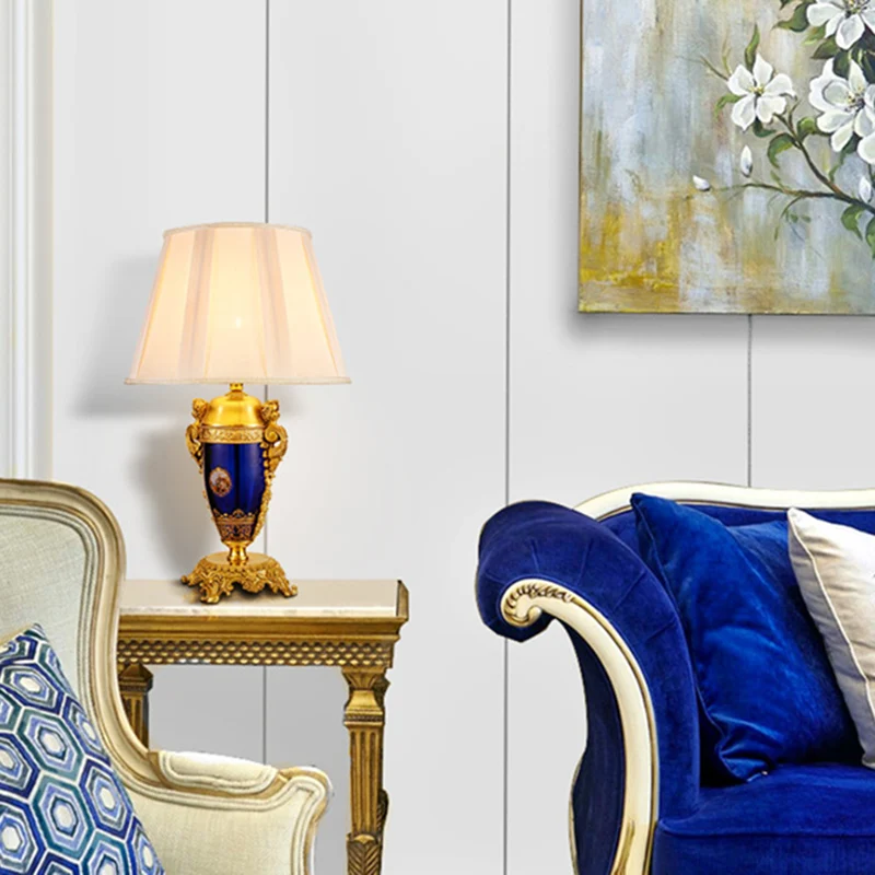 Traditional European Copper Glass Mercerized Fabric Carved Round 1-Light Table Lamp For Living Room & Bedroom