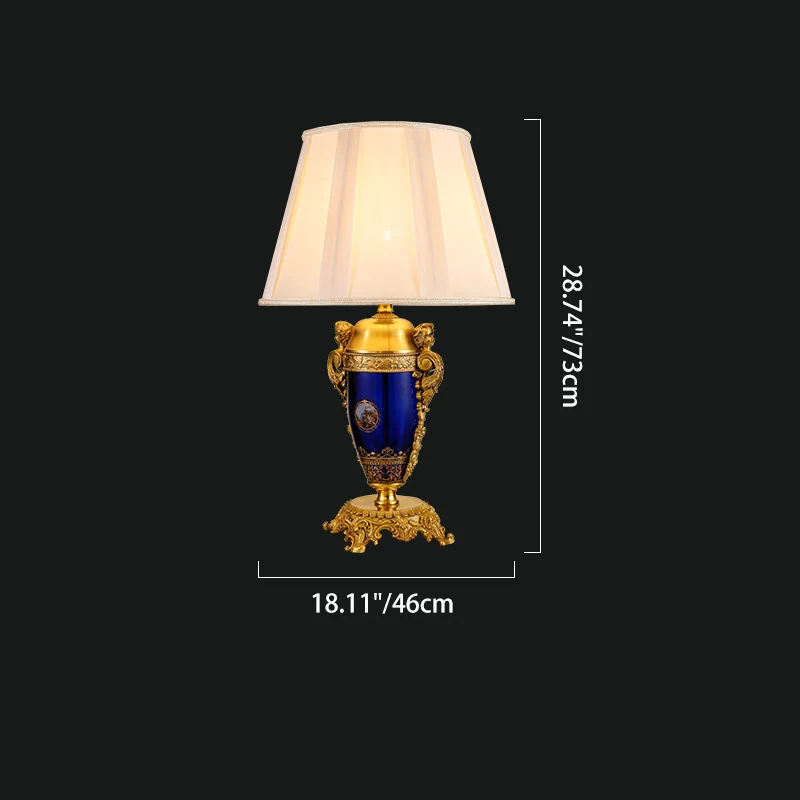 Traditional European Copper Glass Mercerized Fabric Carved Round 1-Light Table Lamp For Living Room & Bedroom