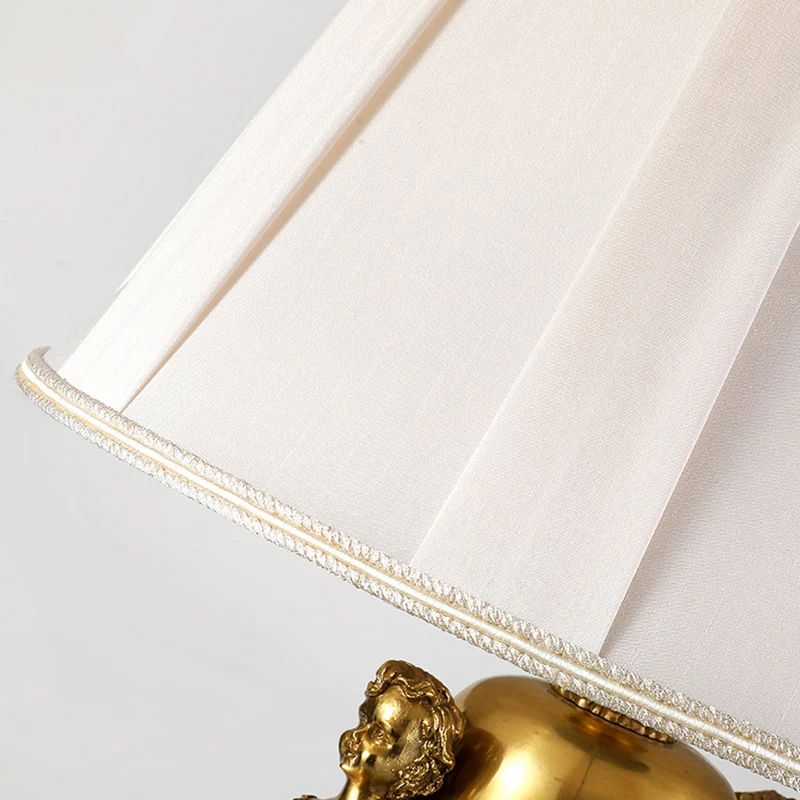 Traditional European Copper Glass Mercerized Fabric Carved Round 1-Light Table Lamp For Living Room & Bedroom