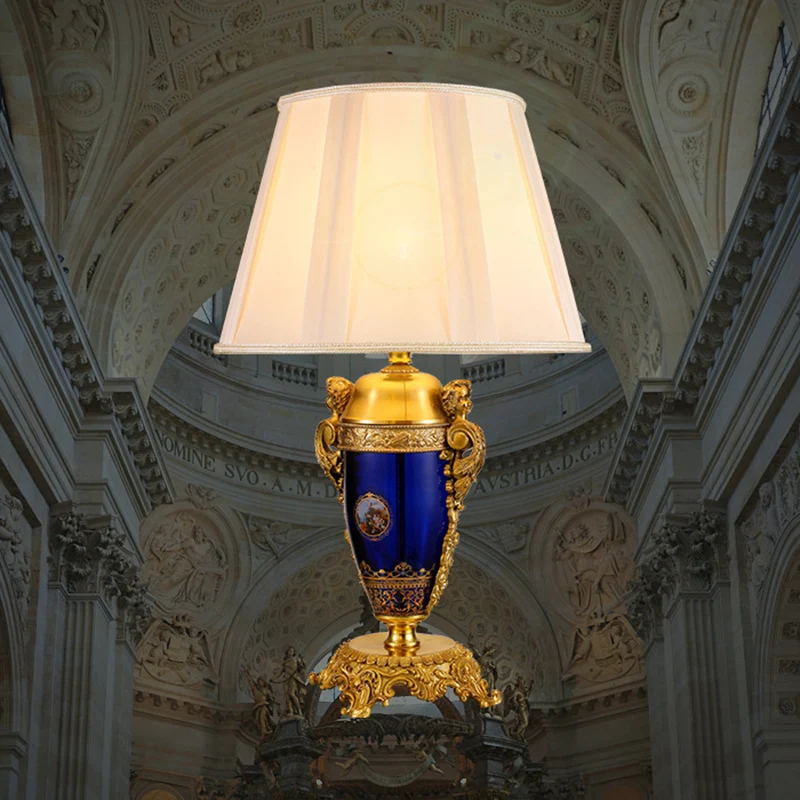 Traditional European Copper Glass Mercerized Fabric Carved Round 1-Light Table Lamp For Living Room & Bedroom