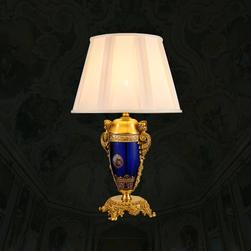 Traditional European Copper Glass Mercerized Fabric Carved Round 1-Light Table Lamp For Living Room & Bedroom