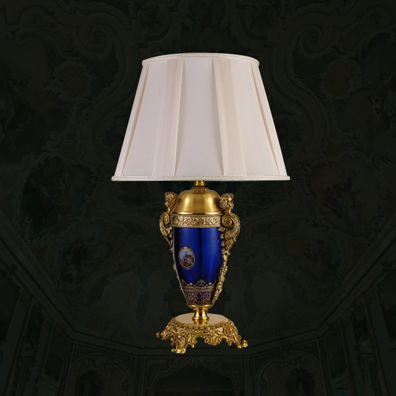 Traditional European Copper Glass Mercerized Fabric Carved Round 1-Light Table Lamp For Living Room & Bedroom