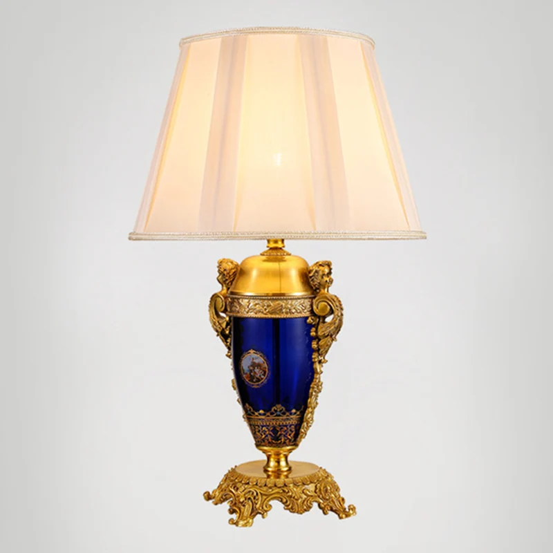 Traditional European Copper Glass Mercerized Fabric Carved Round 1-Light Table Lamp For Living Room & Bedroom