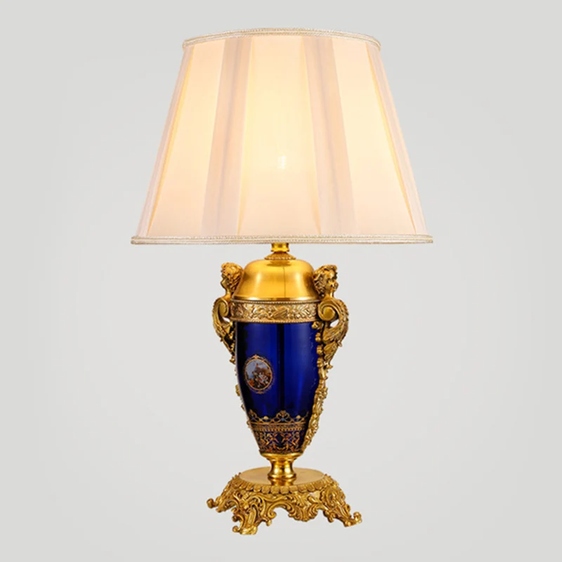 Traditional European Copper Glass Mercerized Fabric Carved Round 1-Light Table Lamp For Living Room & Bedroom