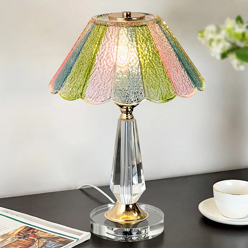 Traditional French Glass Crystal Alloy Round Ruffle Design 1-Light Table Lamp For Bedroom