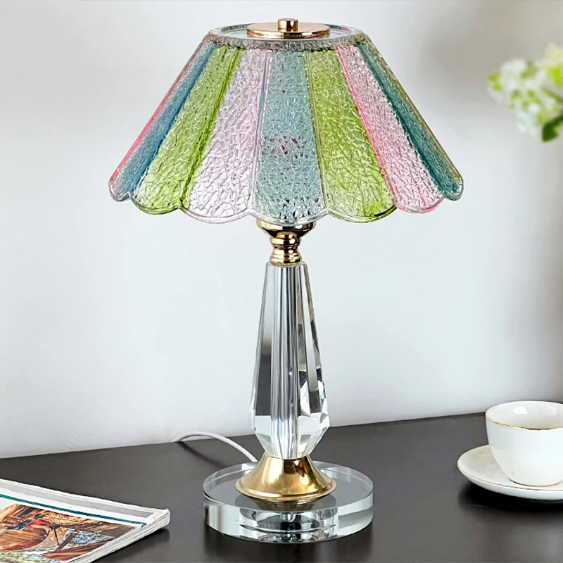 Traditional French Glass Crystal Alloy Round Ruffle Design 1-Light Table Lamp For Bedroom