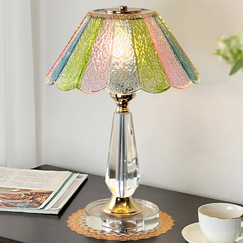 Traditional French Glass Crystal Alloy Round Ruffle Design 1-Light Table Lamp For Bedroom